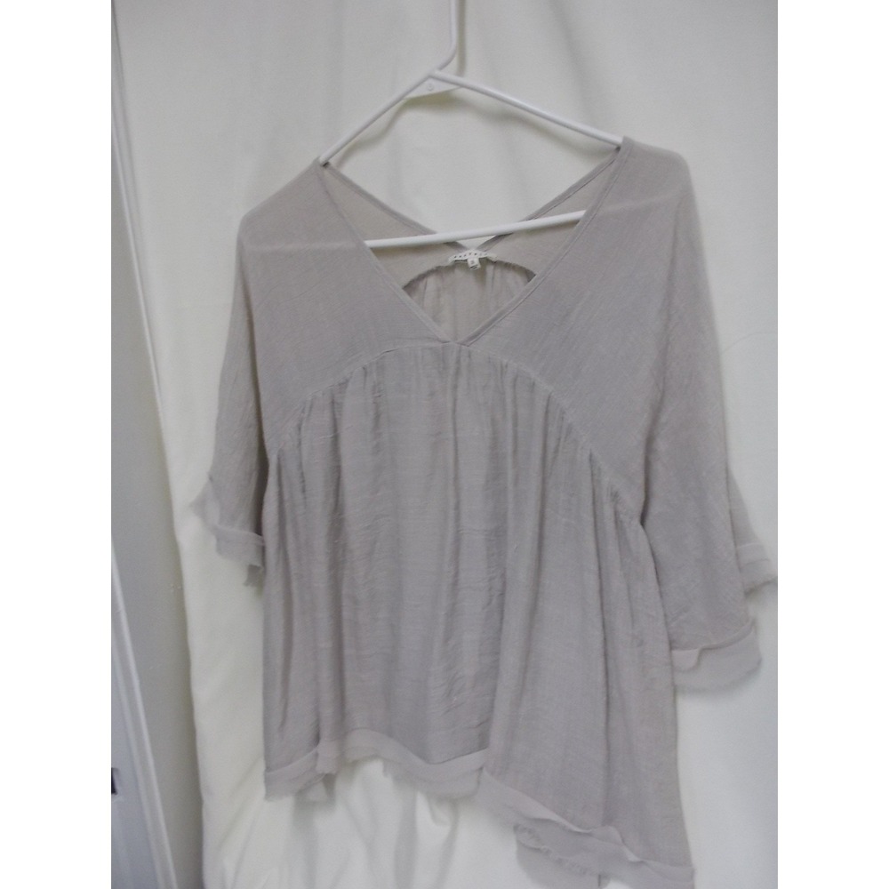 BaeVely Taupe Grey Gauzy V-Neck Babydoll Blouse Raw Edge Boho Top Small